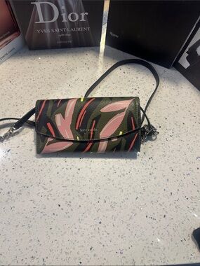 kate spade Olive Green Crossbody Wallet with Pink Floral Print